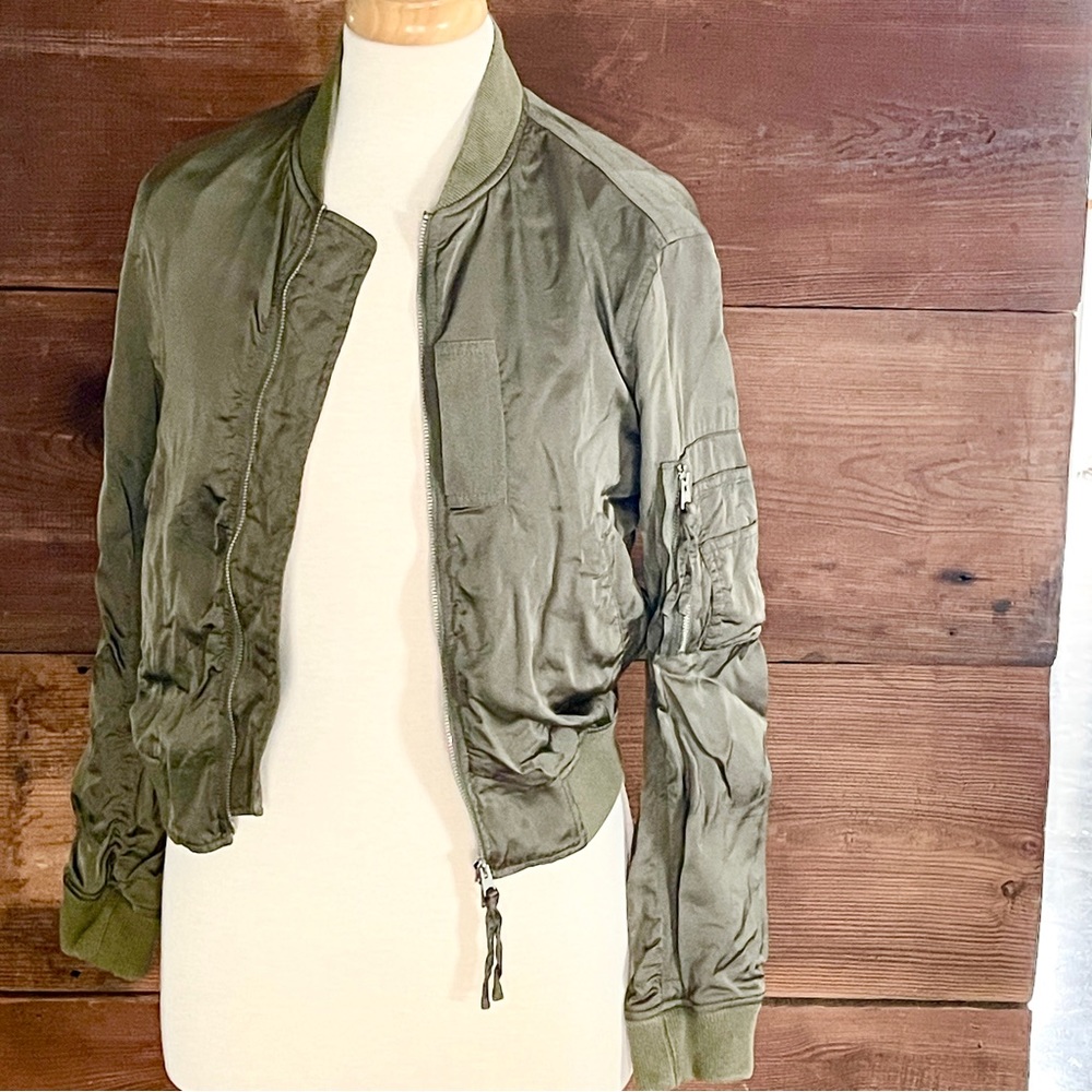 All Saints Brand Green Kuma Satin Bomber Jacket in Size Small.